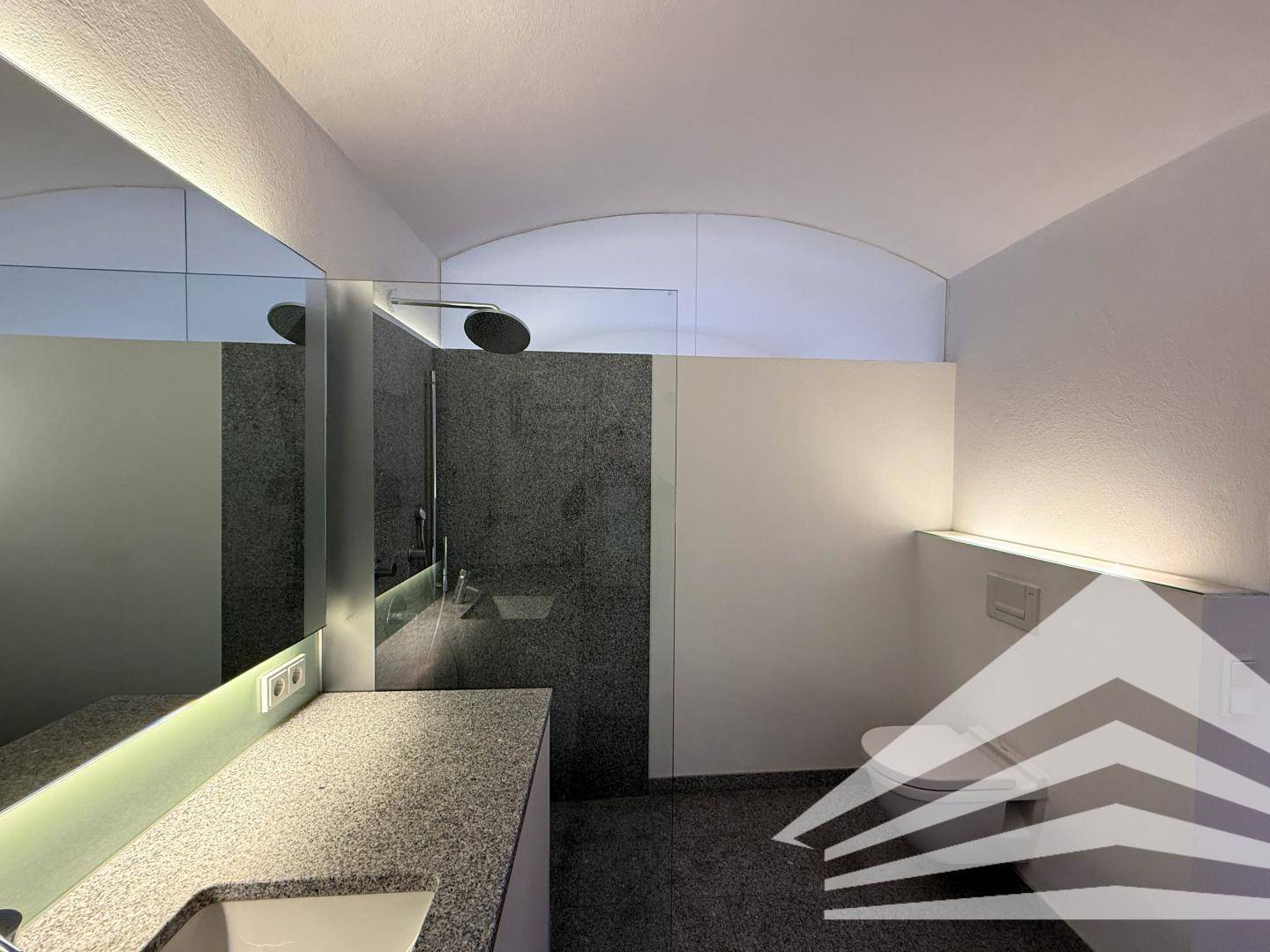Elegantes Badezimmer mit moderner Toilette, begehbarer Dusche und hochwertigen Fliesen.