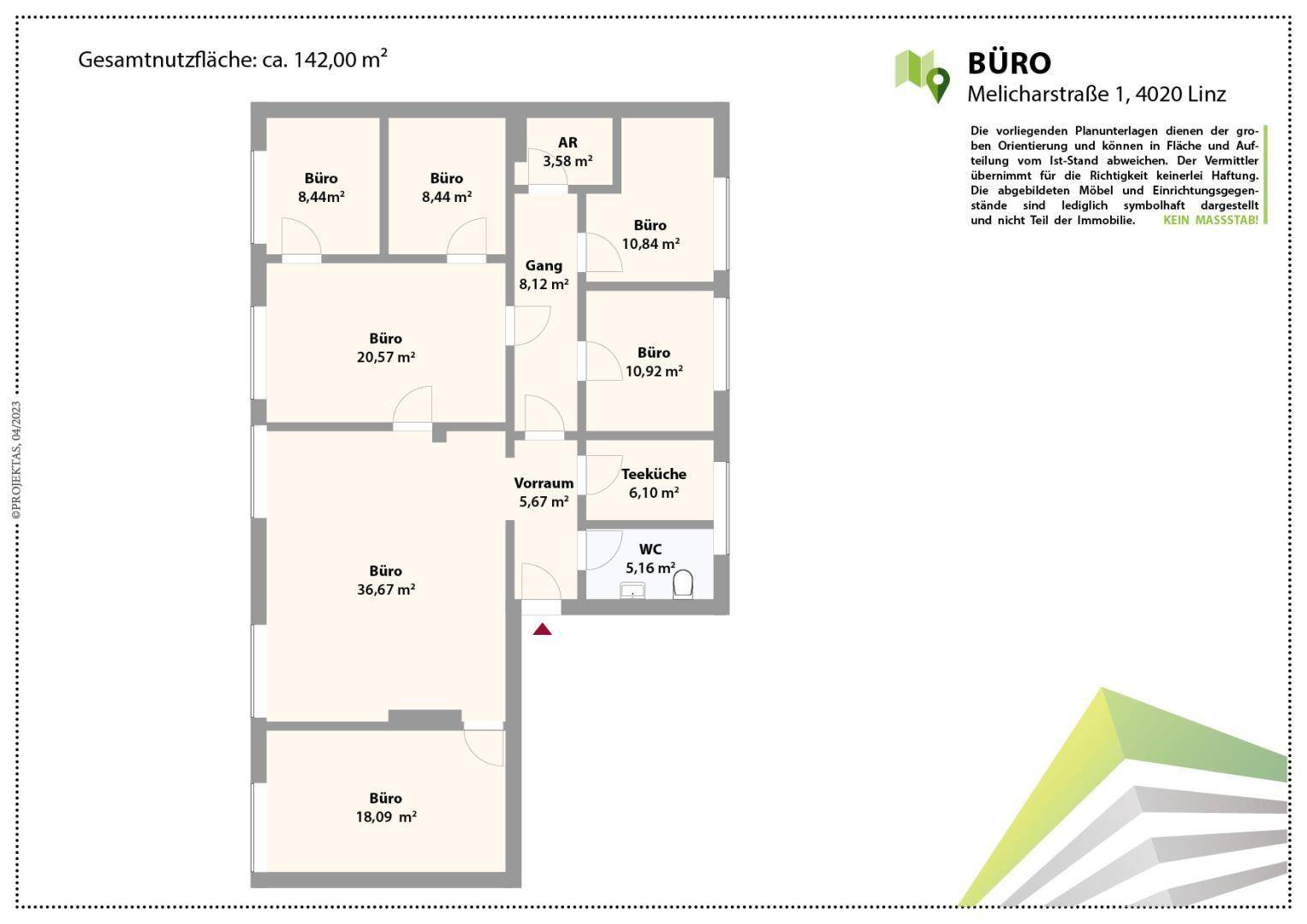 Grundrissplan einer Bürofläche von ca. 142 m² mit mehreren Büroräumen und Teeküche.