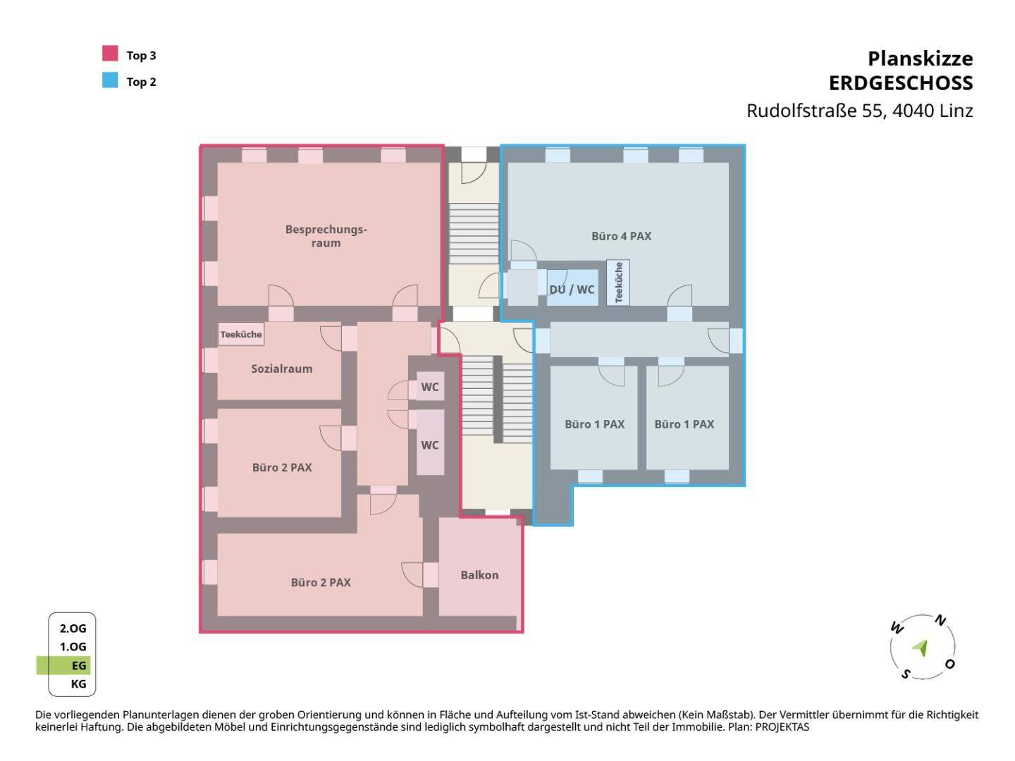 Grundriss des Erdgeschosses mit mehreren Büroräumen, Teeküche, WCs und einem Balkon.