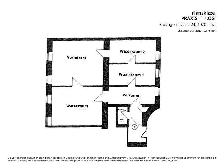 Grundriss einer Praxis mit Wartebereich, zwei Behandlungsräumen, Vorraum und separatem WC.