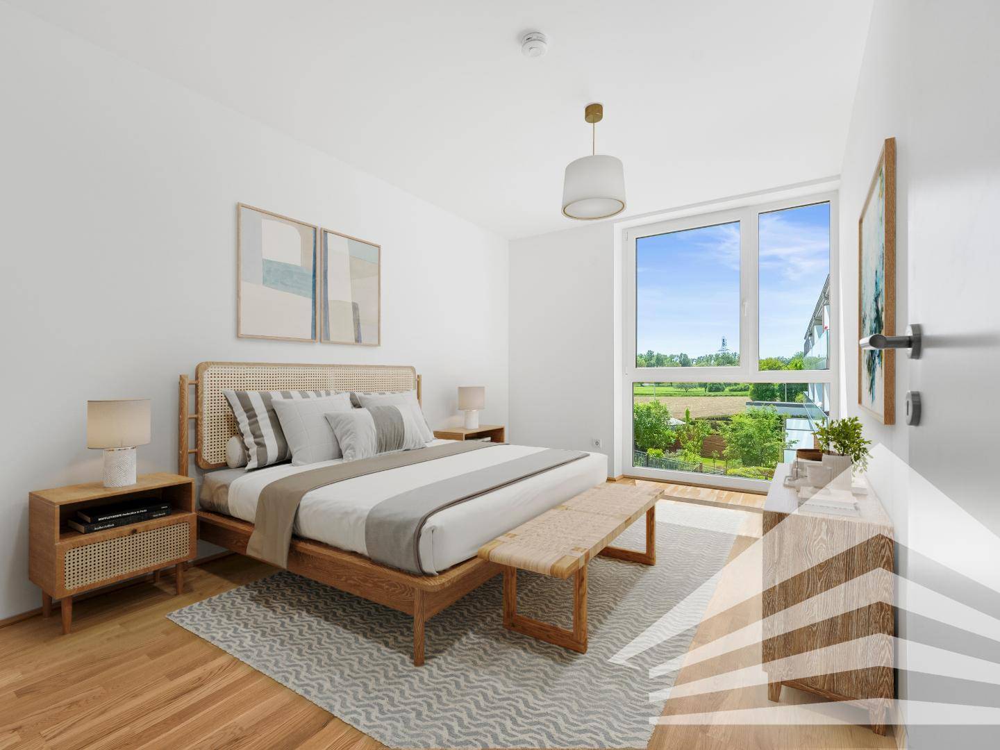 Virtuell möbliertes Schlafzimmer mit Parkettboden und großem Fenster mit Blick ins Grüne.