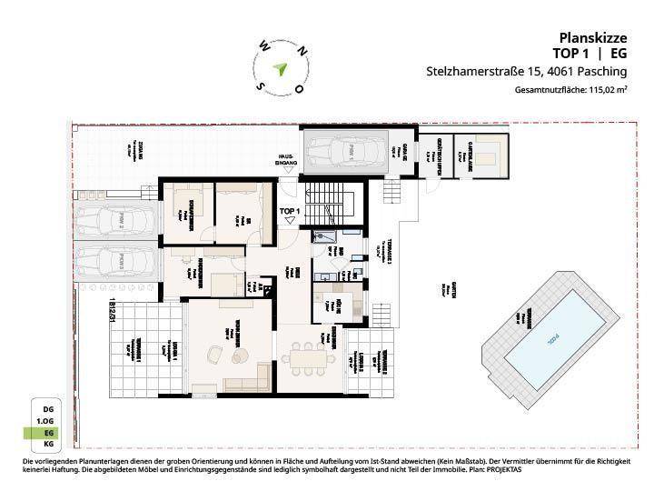 Grundriss des Erdgeschosses mit Wohnbereich, Küche, Terrasse und Pool.