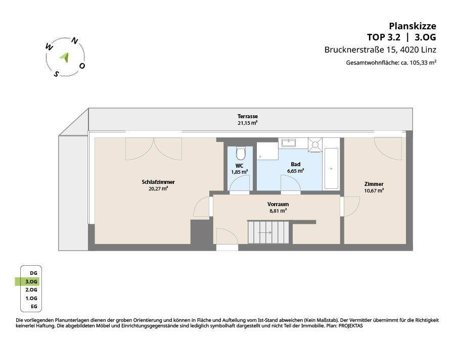 Grundriss des 3. Obergeschosses mit Schlafzimmer, Bad, WC und Terrasse.