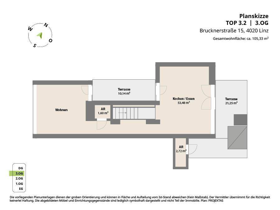 Grundriss des 3. Obergeschosses mit Wohnbereich, Küche/Essbereich und zwei Terrassen.