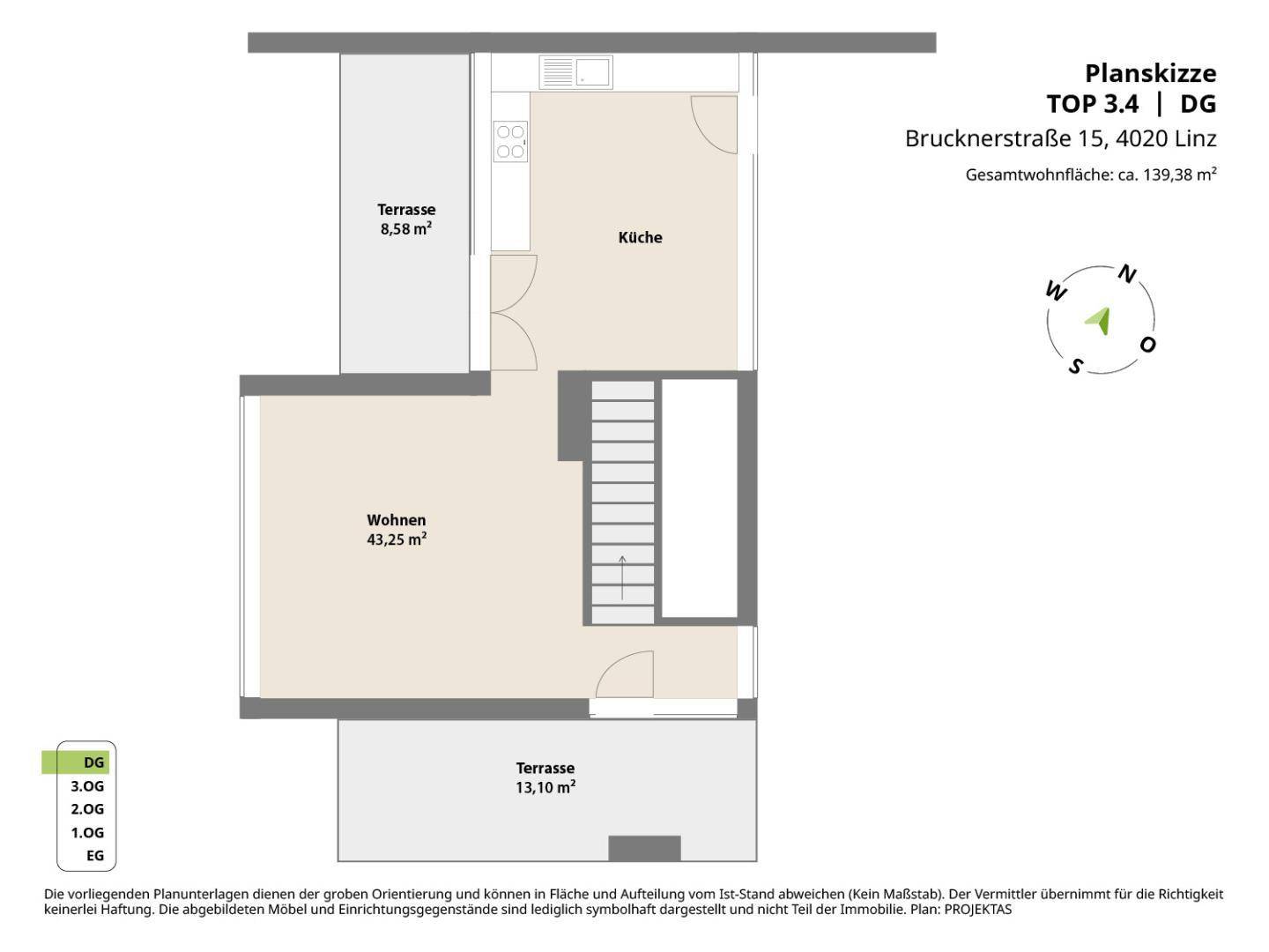 Grundriss der DG-Ebene mit Wohnbereich, Küche und zwei Terrassen, Gesamtfläche 139,38 m².