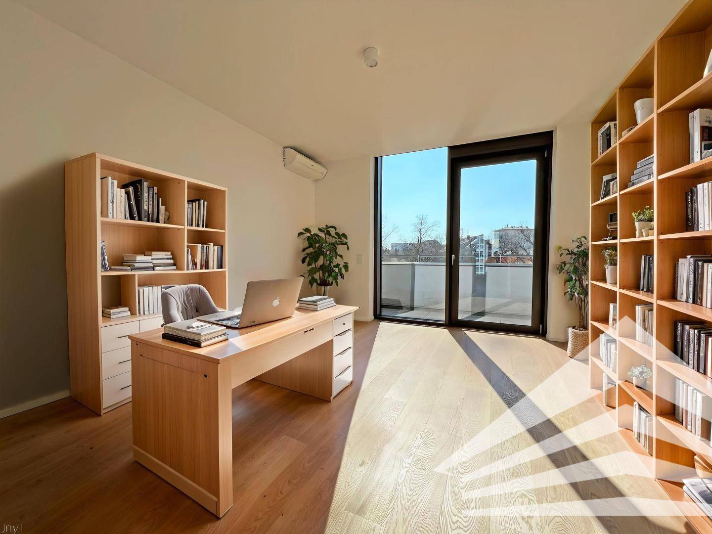 Helles Arbeitszimmer mit Holzboden, Bücherregalen und Balkonzugang, ideal für Home-Office.