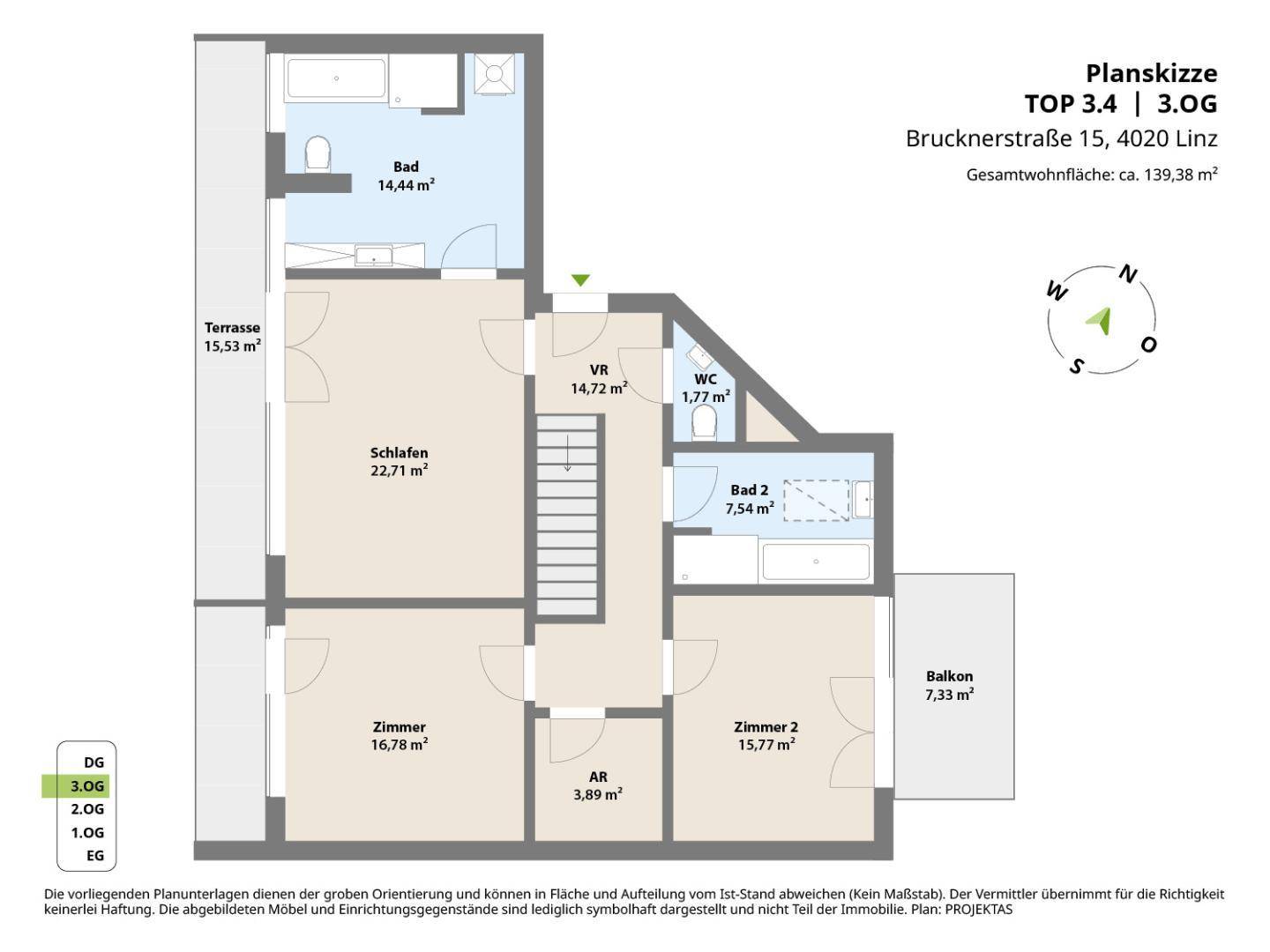 Grundriss der 3.OG-Ebene mit Schlafzimmern, Bädern und Terrasse, Gesamtfläche 139,38 m².