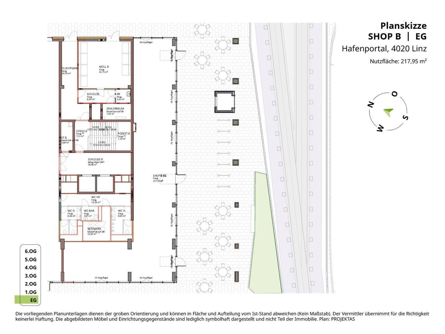 Detaillierter Grundriss für ein Ladenlokal im Erdgeschoss mit einer Nutzfläche von 217,95 m².