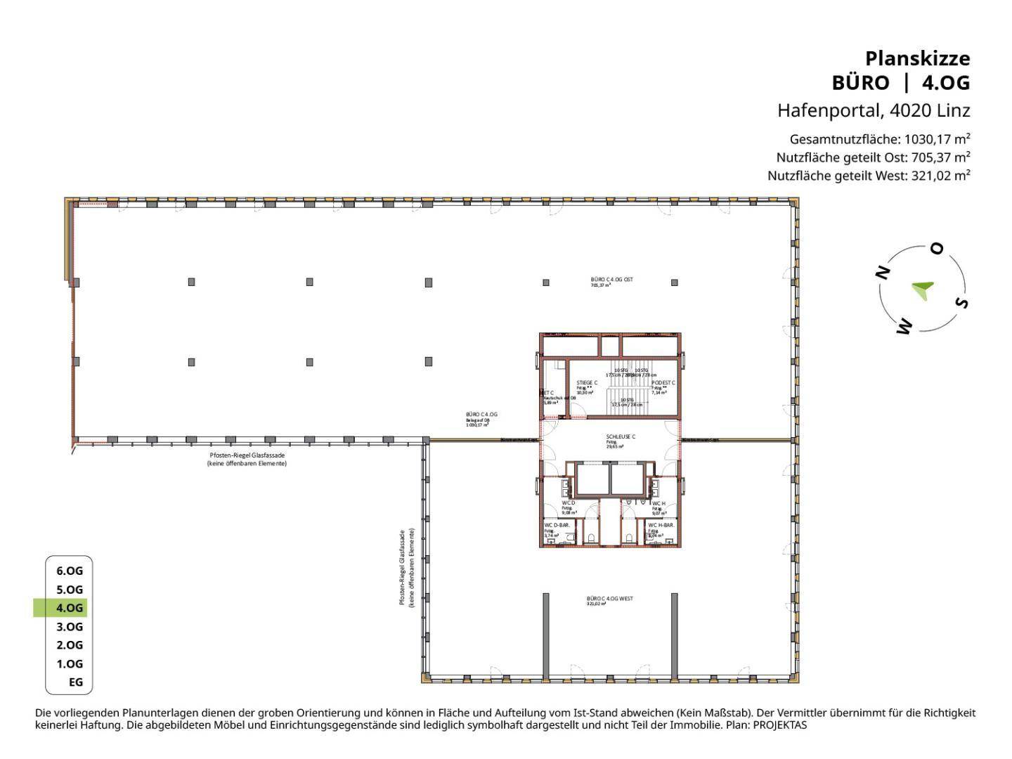 Grundriss des 4. Obergeschosses mit offener Bürofläche und zentralem Erschließungskern.