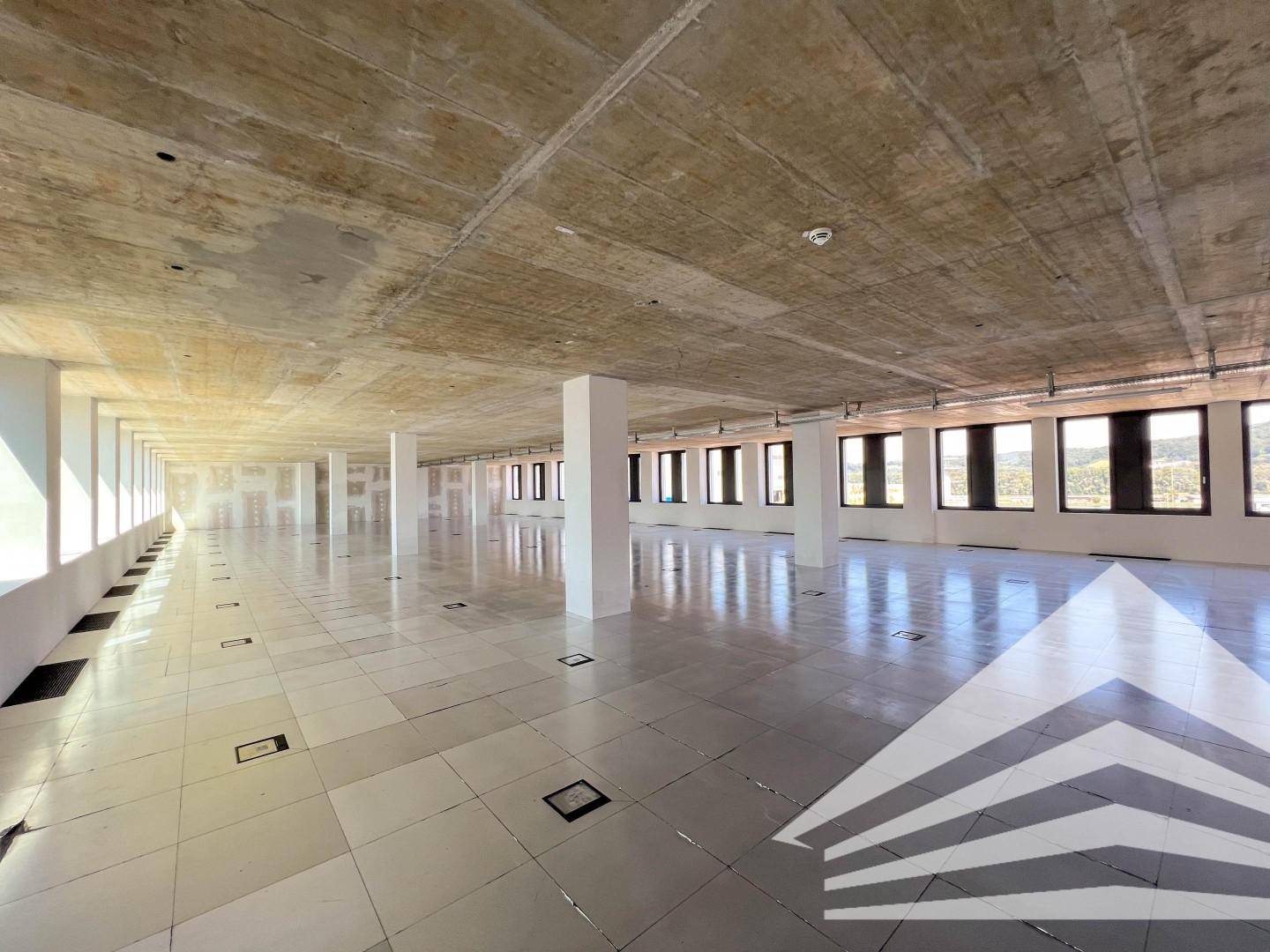 Großer, offener Büroraum im Rohbauzustand mit vielen Fenstern und einer sichtbaren Beton-Decke, bereit für den Ausbau.