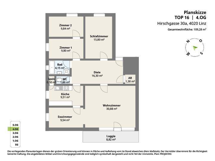 Grundriss der Wohnung TOP 16 im 4. Obergeschoss mit Loggia.