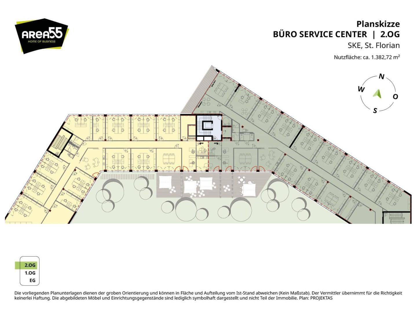 Grundriss für ein Büro Service Center im 2. Obergeschoss mit zahlreichen Büroeinheiten.