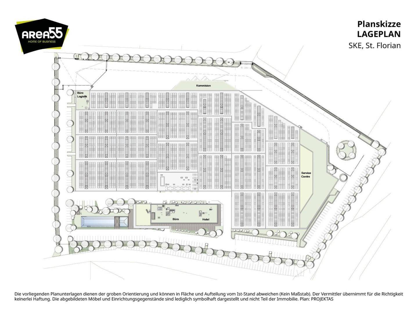 Lageplan des gesamten Gewerbekomplexes mit Gebäuden, Parkplätzen und Grünflächen.