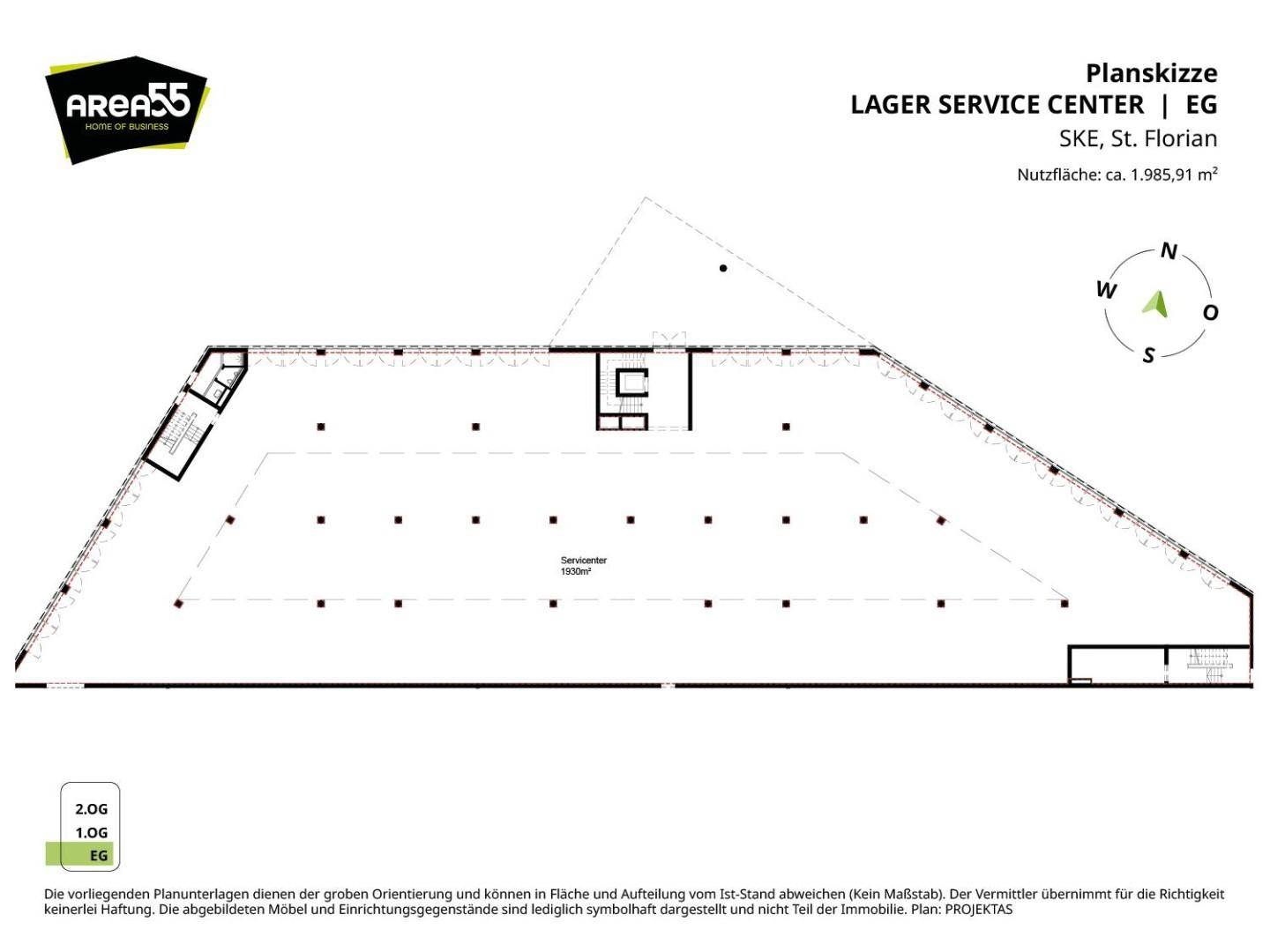 Grundriss für ein Lager Service Center im Erdgeschoss mit großer, offener Lagerfläche.