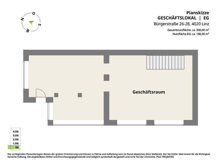 Grundriss des Erdgeschosses mit großem Geschäftsraum und Treppenaufgang, zeigt die Raumaufteilung.