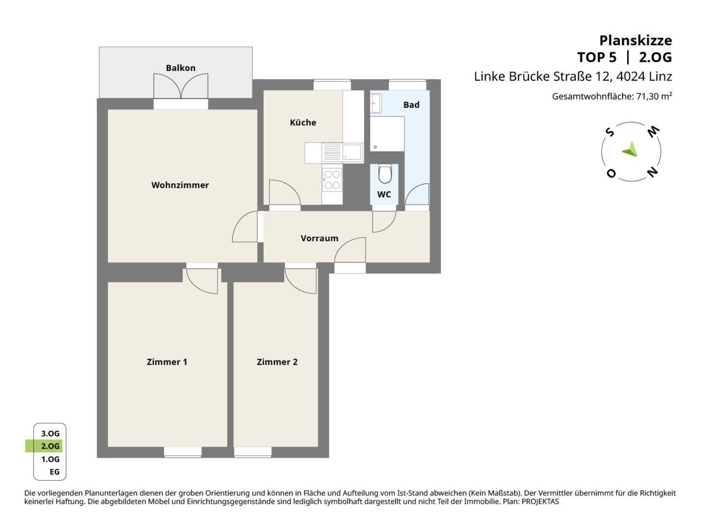 Grundriss der Wohnung im 2. Obergeschoss mit 71,30 m² Wohnfläche und Balkon.