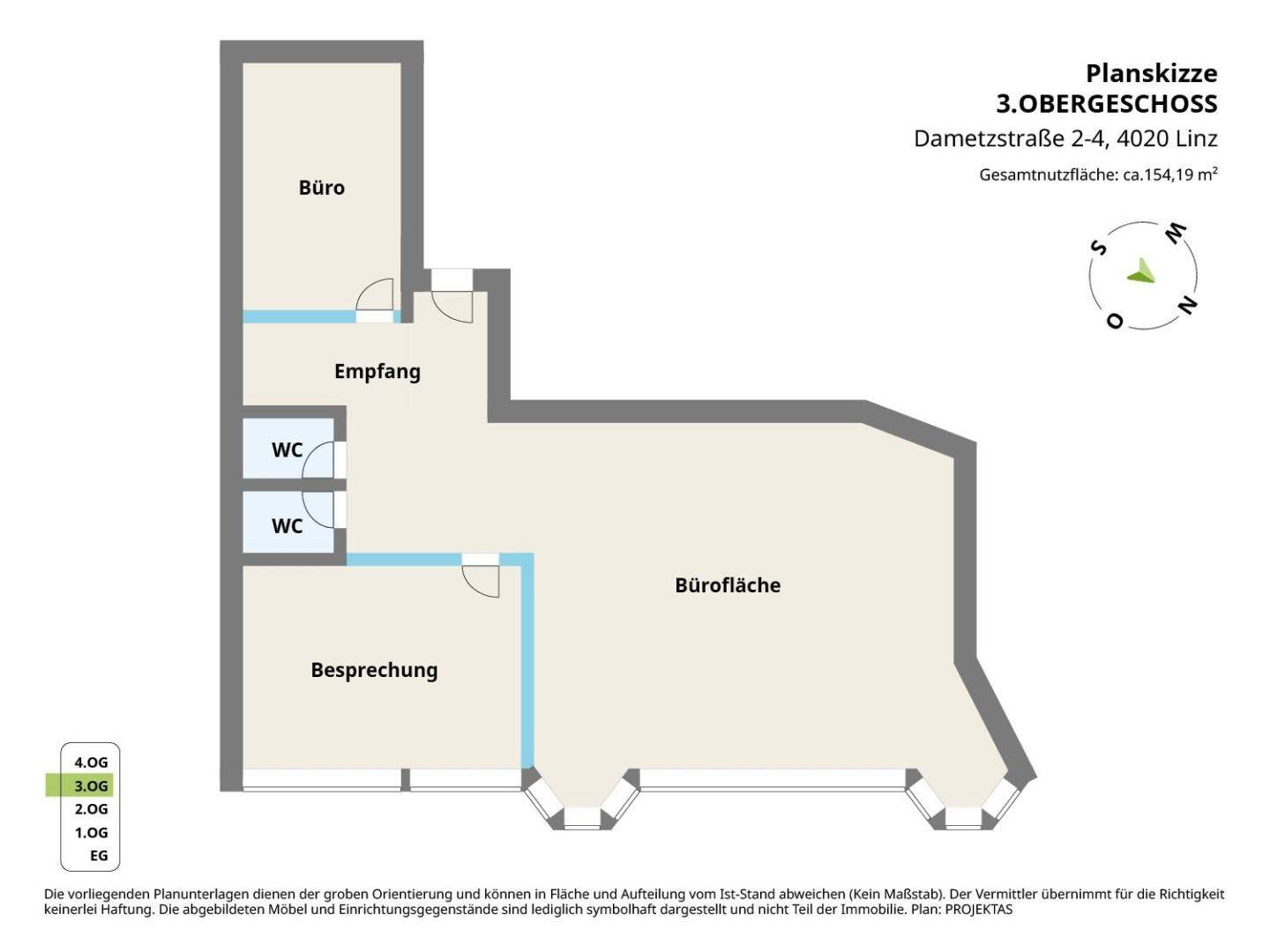 Detaillierter Grundriss des 3. Obergeschosses mit Bürobereichen, Empfang und Toiletten.
