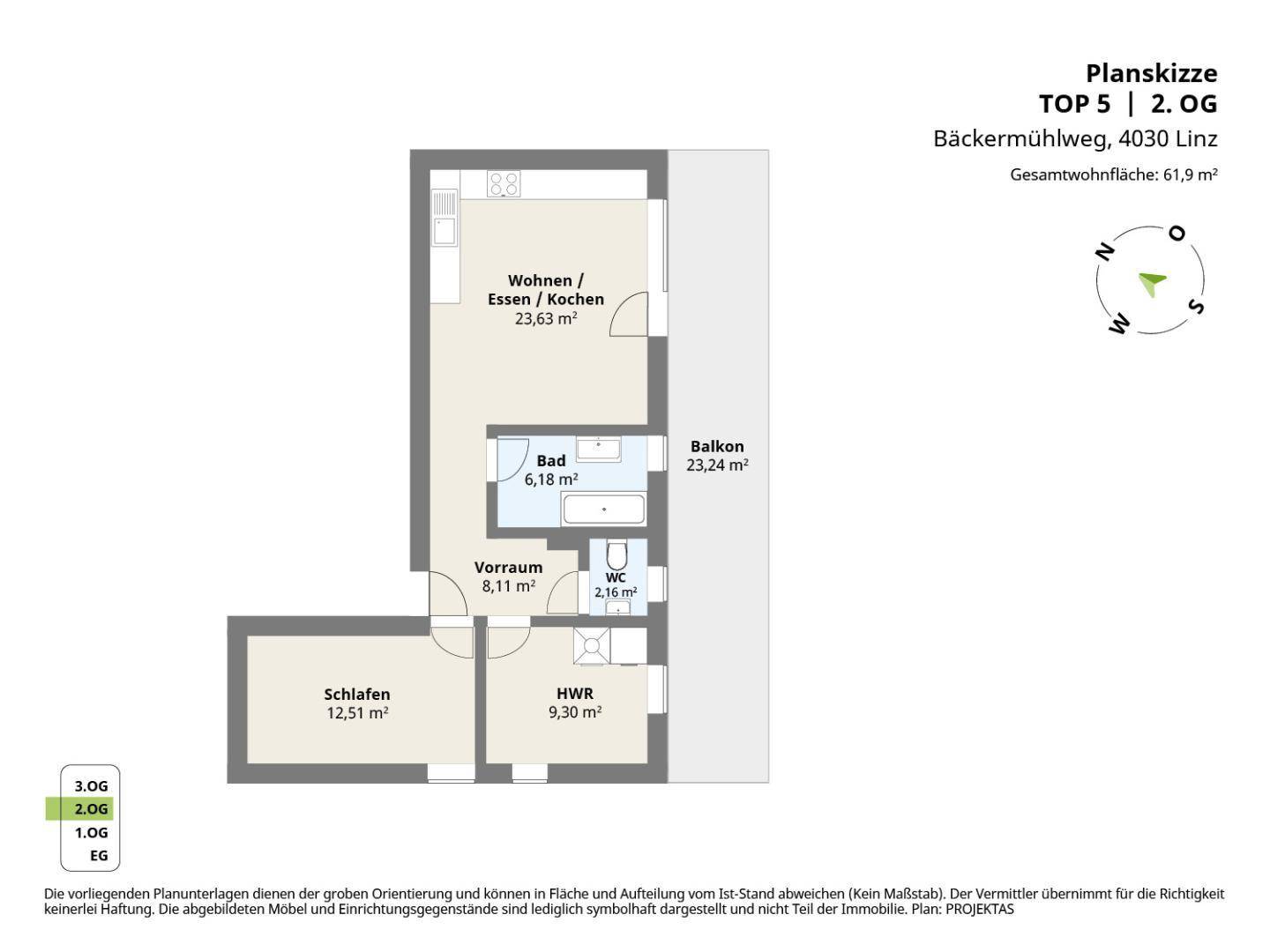 Grundriss der Wohnung Top 5 im 2. Obergeschoss mit 61,9 m² Wohnfläche.