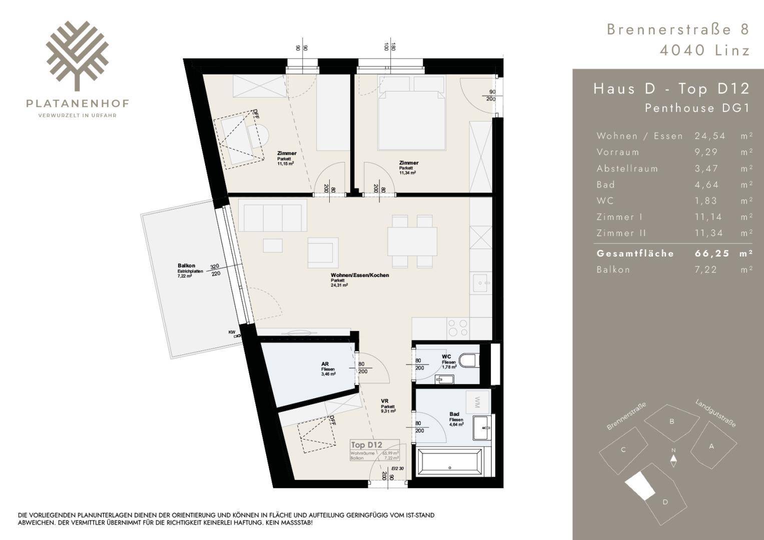 Grundriss der Penthouse-Wohnung D12 mit Wohn-Essbereich, zwei Zimmern und Balkon.