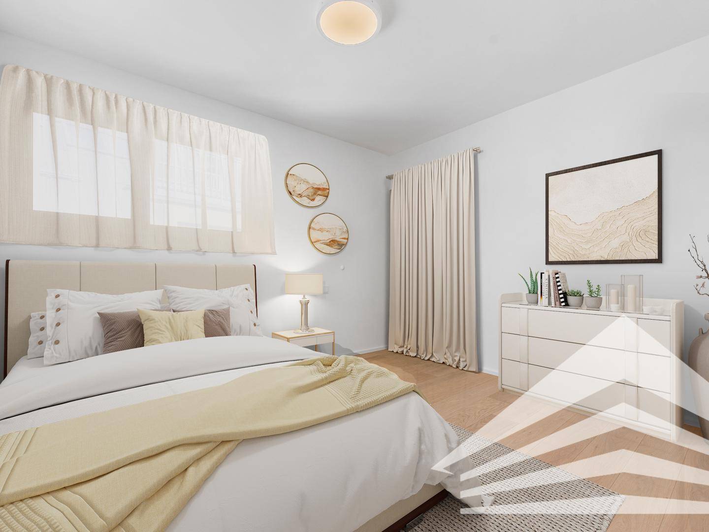 Virtuell inszeniertes Schlafzimmer mit Doppelbett, Kommode und hellem Parkettboden.