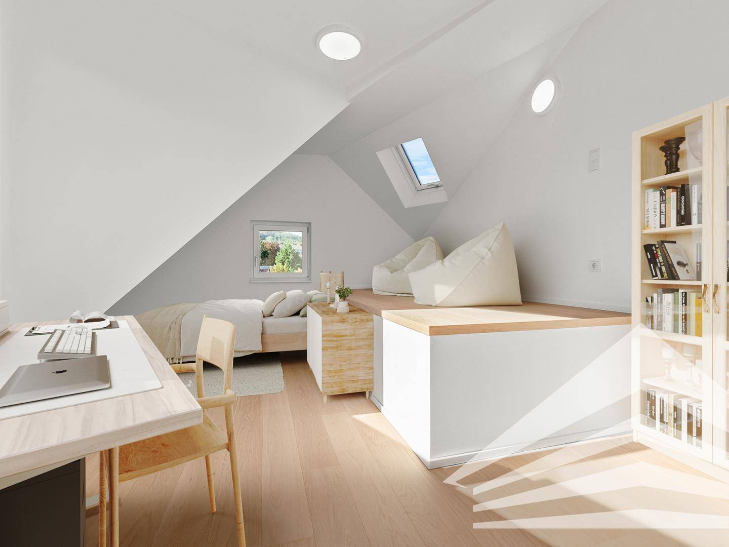 Virtuell eingerichtetes Schlafzimmer im Dachgeschoss mit Schreibtisch und Sitzgelegenheit.
