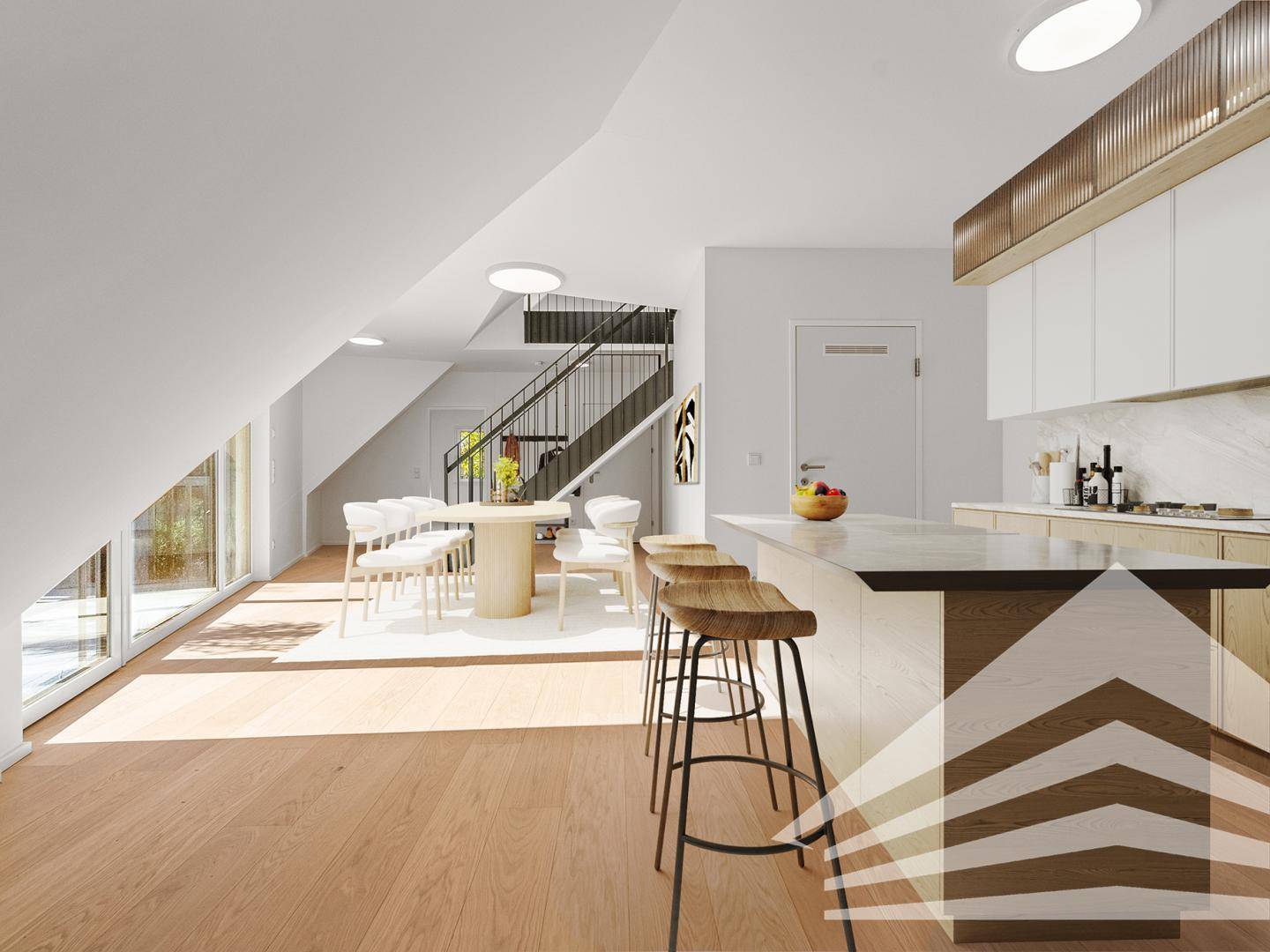 Virtuell inszenierter offener Wohn-Essbereich mit moderner Küche und Terrassenzugang.