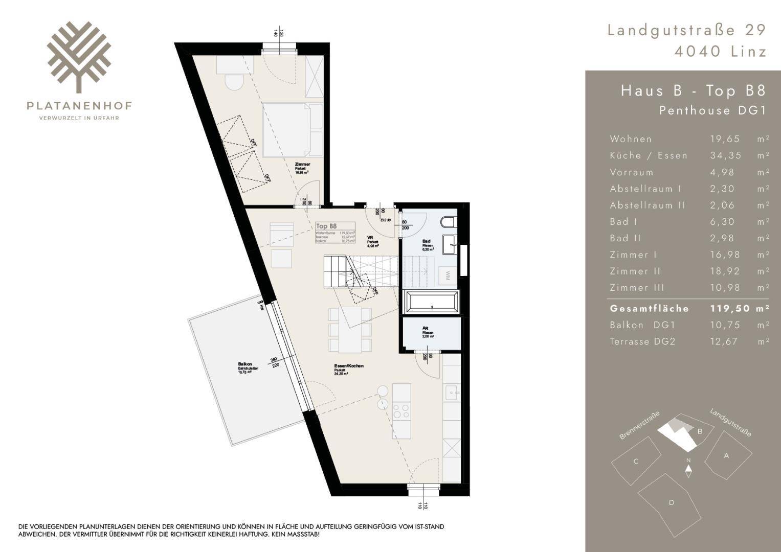 Grundriss des Penthouses DG1 mit offenem Wohnbereich, Balkon und Terrasse.