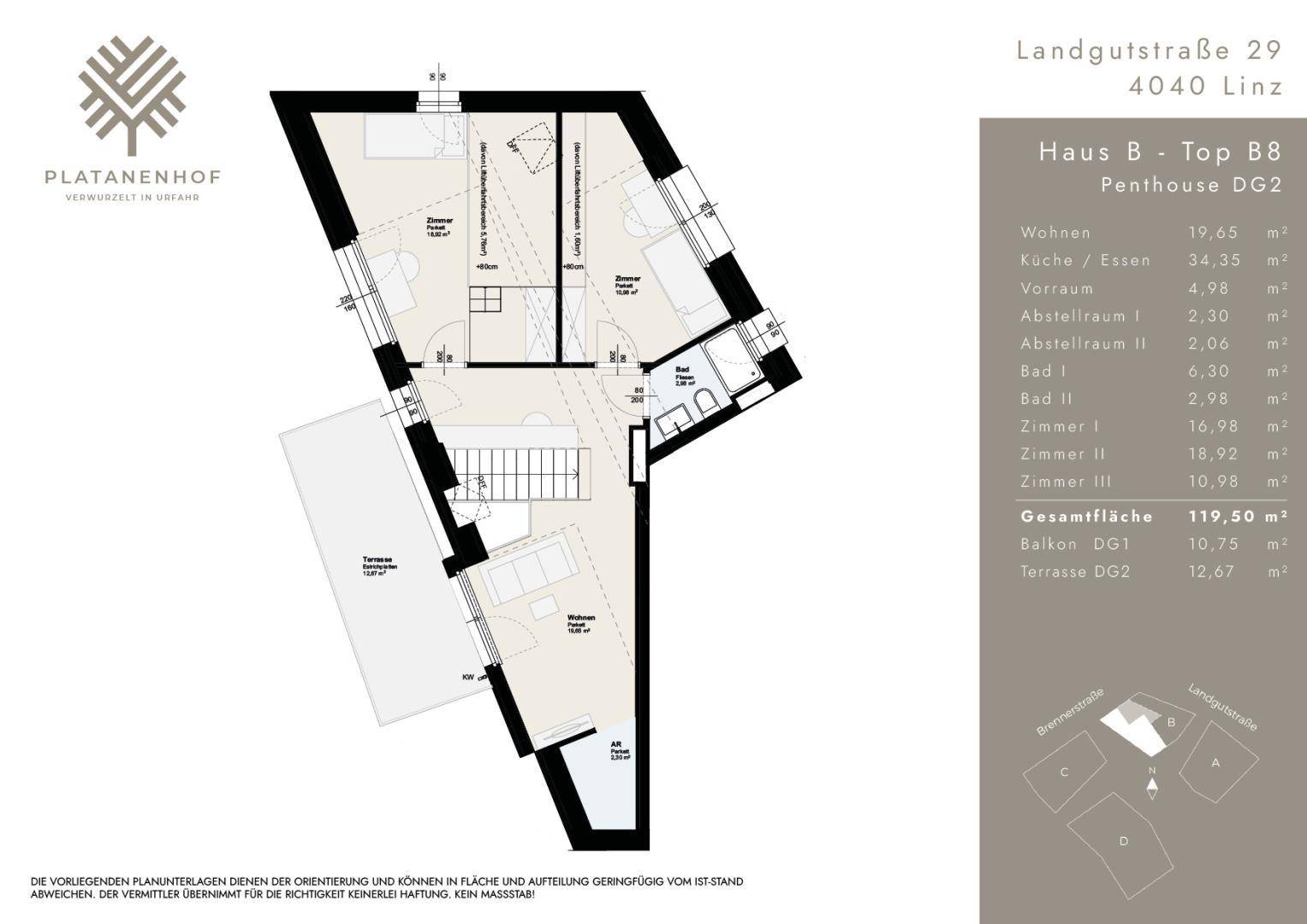 Grundriss des Penthouses DG2 mit Schlafzimmern, Bad und großer Terrasse.