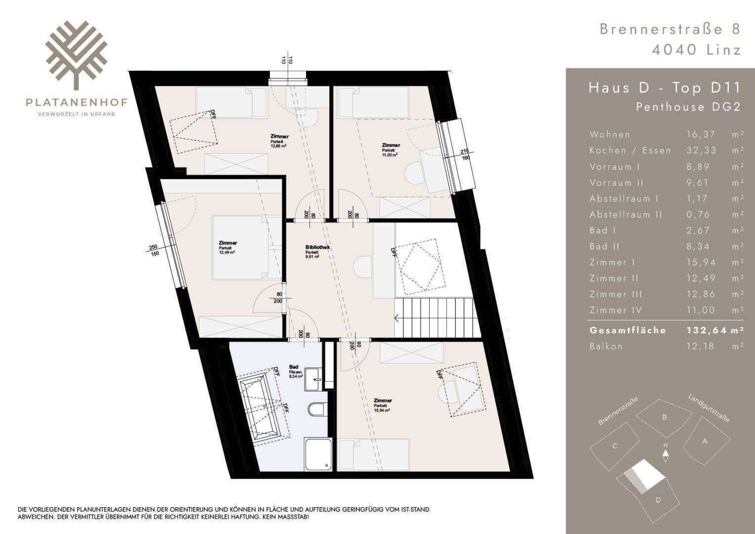Grundriss des Penthouses DG2 mit Schlafzimmern, Bädern und Dachschrägen.