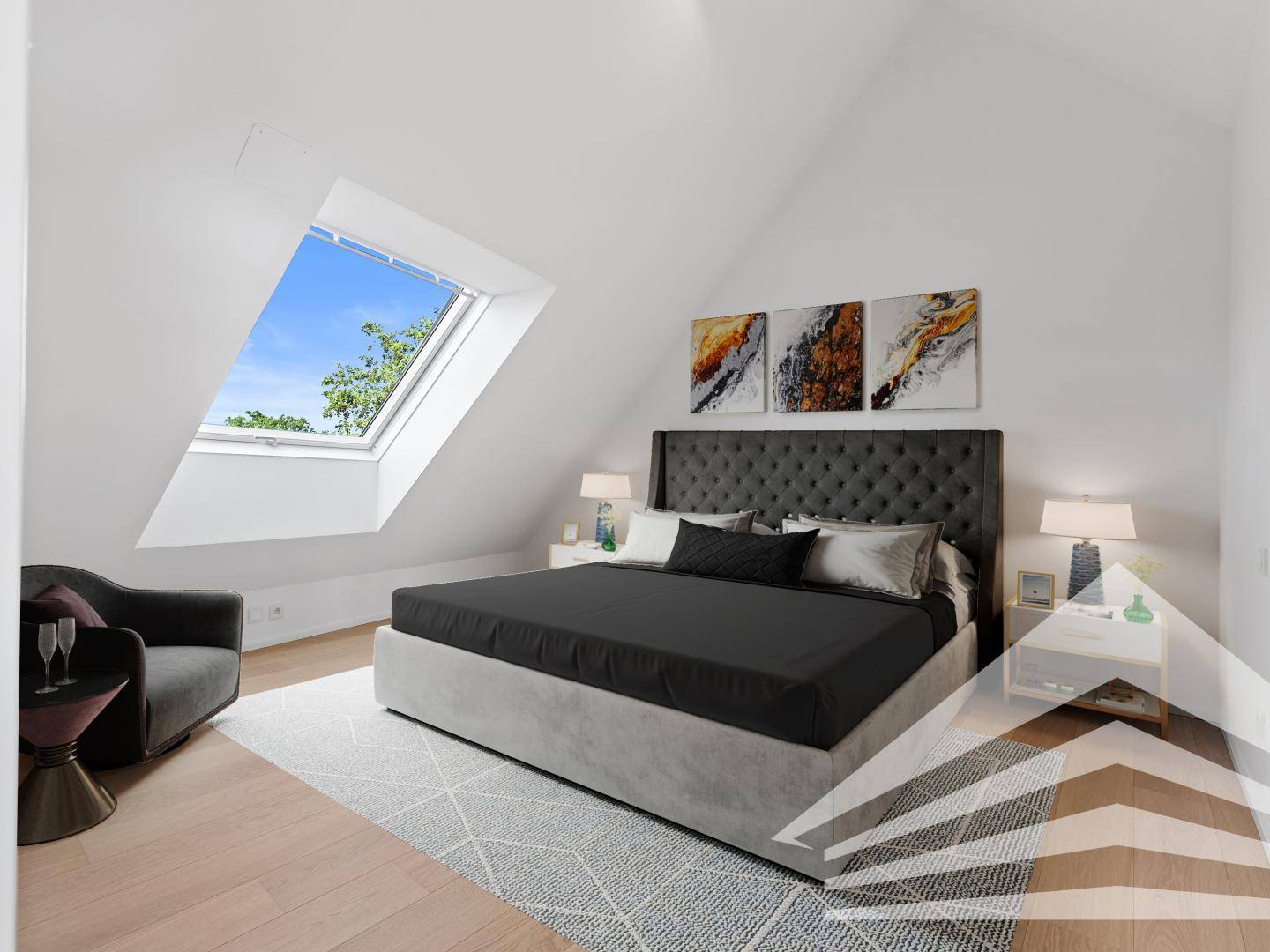 Modern eingerichtetes Schlafzimmer im Dachgeschoss mit großem Bett, Kunstwerken und Dachfenster.