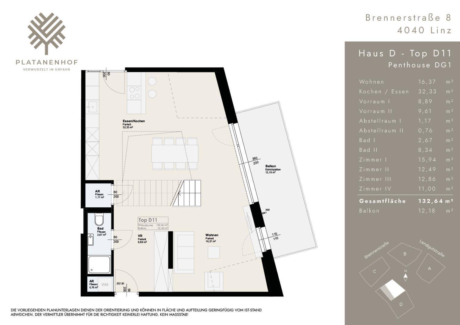 Grundriss des Penthouses DG1 mit offenem Wohn-, Koch- und Essbereich sowie Balkon.
