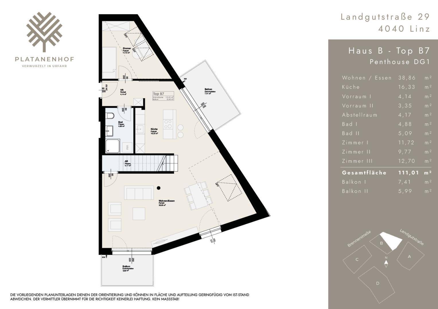 Grundriss des Penthouses DG1 mit Wohn-, Koch- und Essbereich sowie zwei Balkonen.