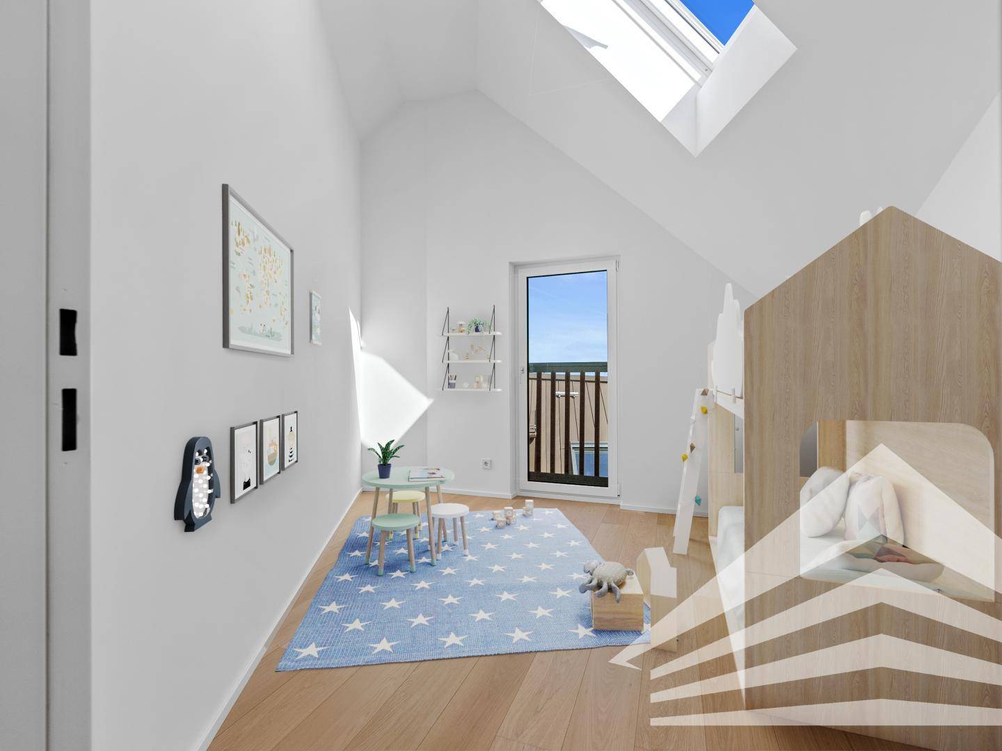 Visualisierung eines Kinderzimmers mit Dachfenster, Holzboden und Zugang zu einem französischen Balkon.