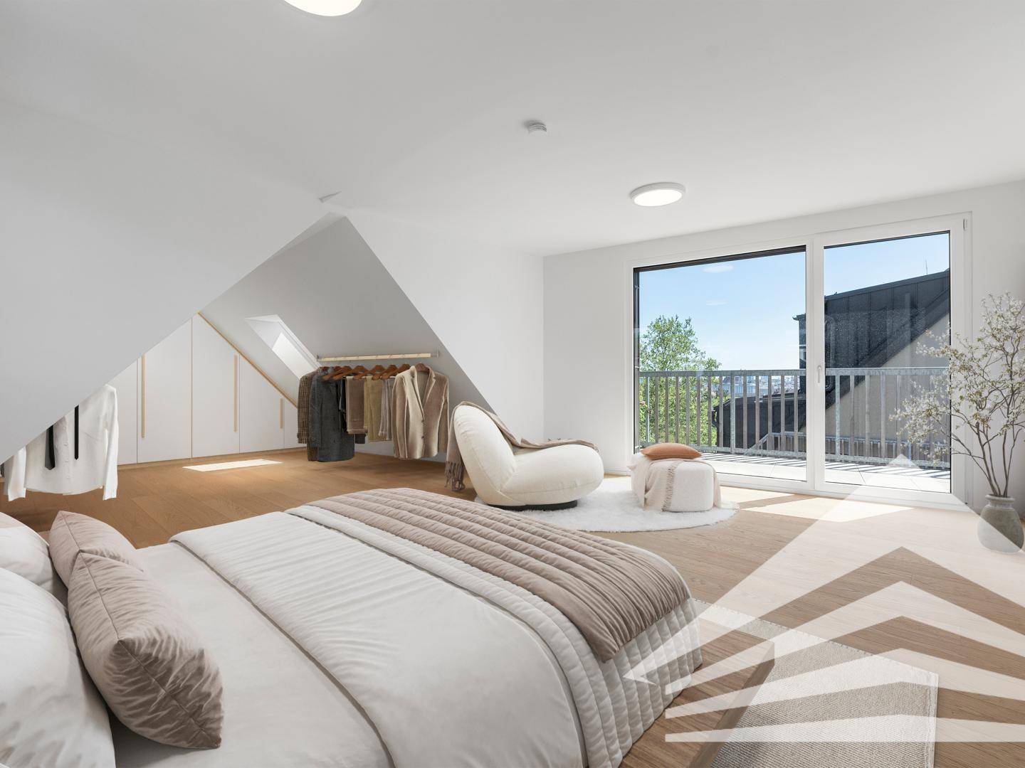 Helles Schlafzimmer mit Holzboden, Balkonzugang und moderner Einrichtung.