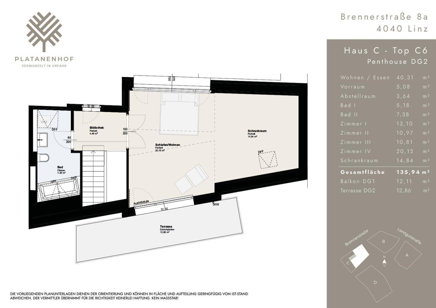 Grundriss des Penthouses DG2 mit Schlafzimmer, Schrankraum und großer Terrasse.
