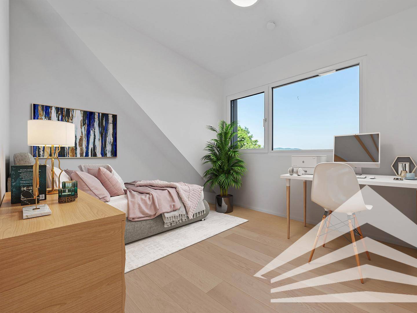 Modern eingerichtetes Schlafzimmer mit Holzboden und weitem Ausblick durch das Fenster.