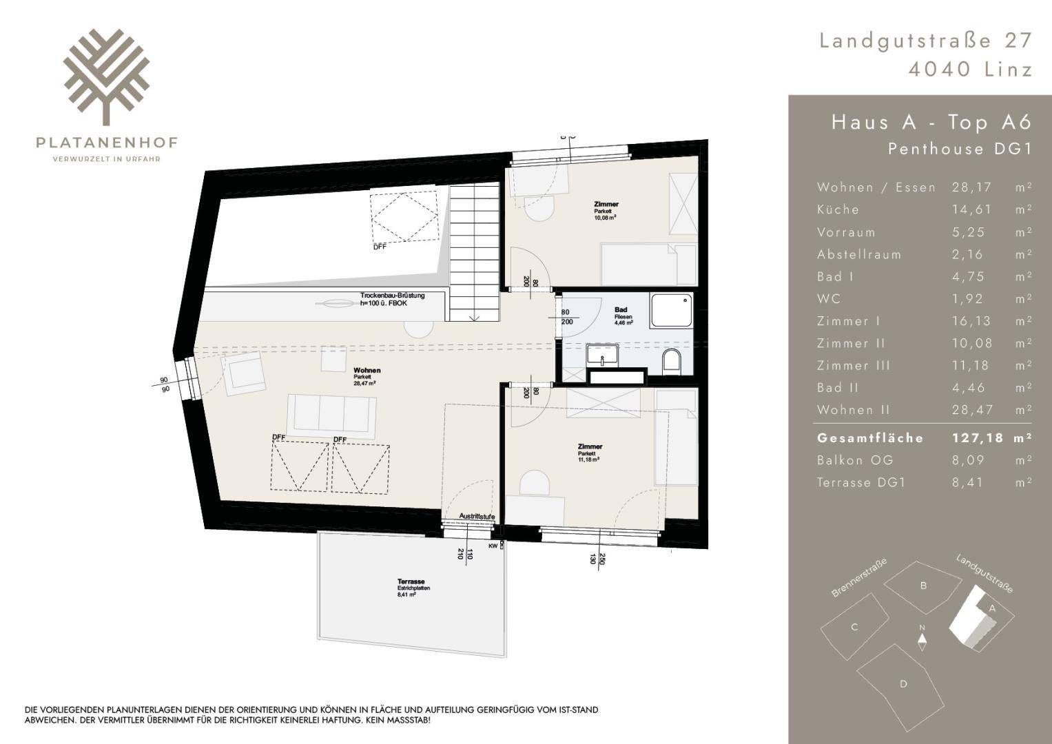 Grundriss des Dachgeschosses des Penthouses A6 mit mehreren Zimmern und Terrasse.