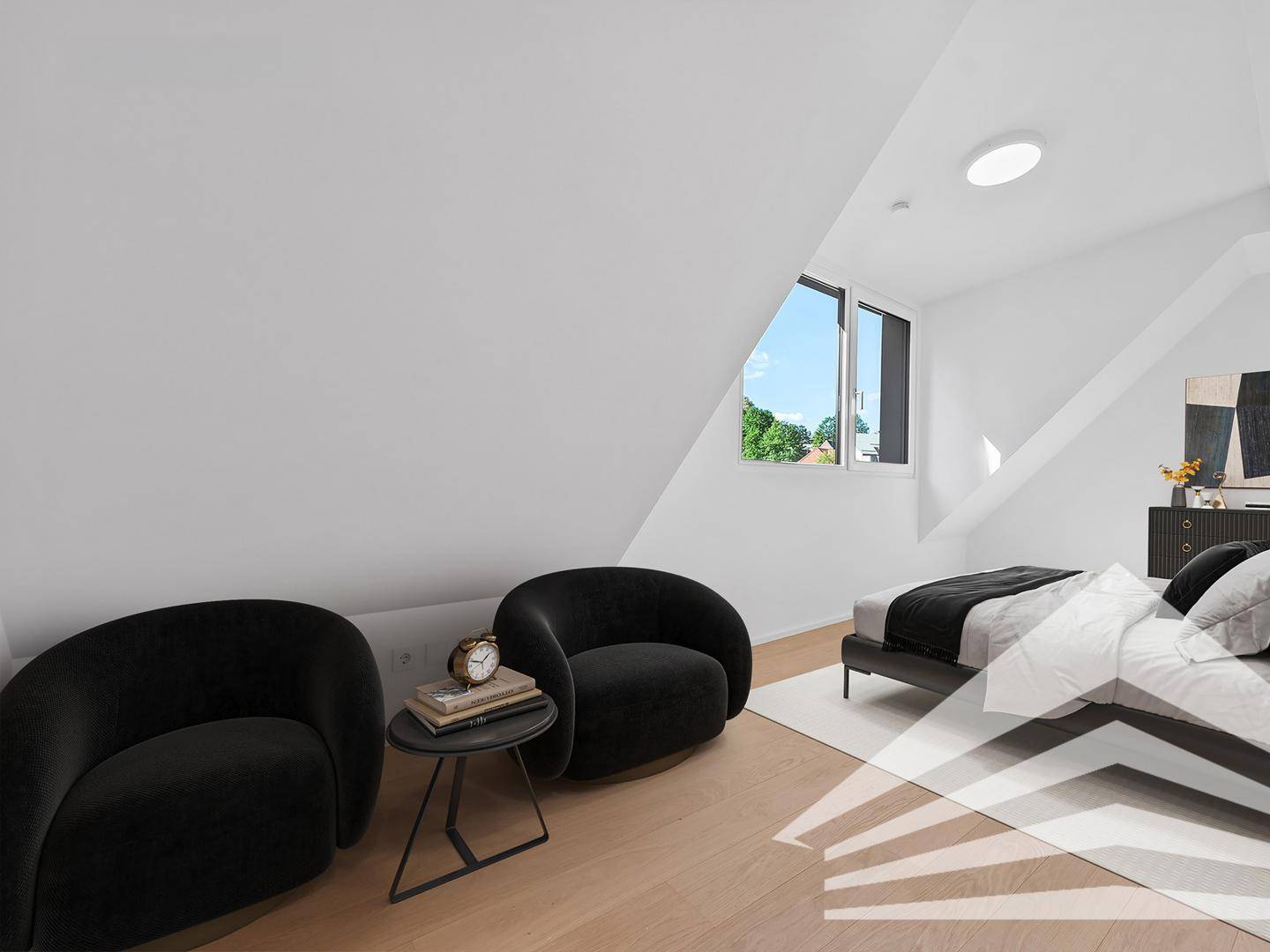 Modern eingerichtetes Schlafzimmer im Dachgeschoss mit Dachschräge und Holzboden.