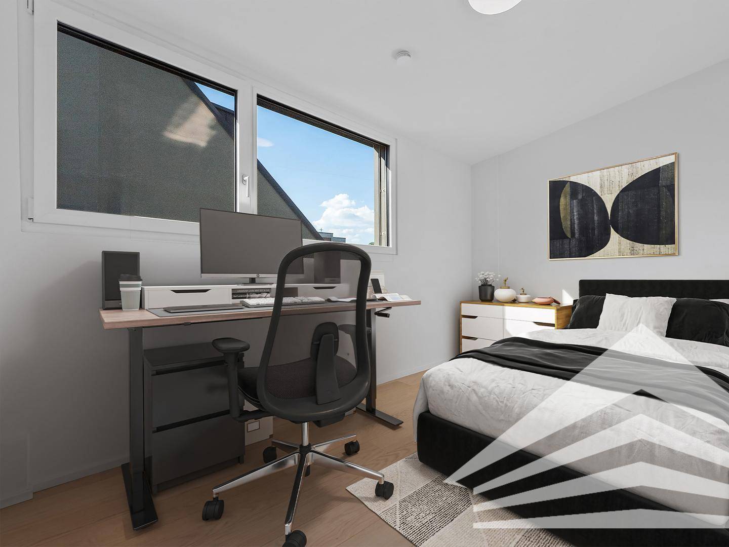 Modern eingerichtetes Schlafzimmer mit Arbeitsbereich, Holzboden und großem Fenster.