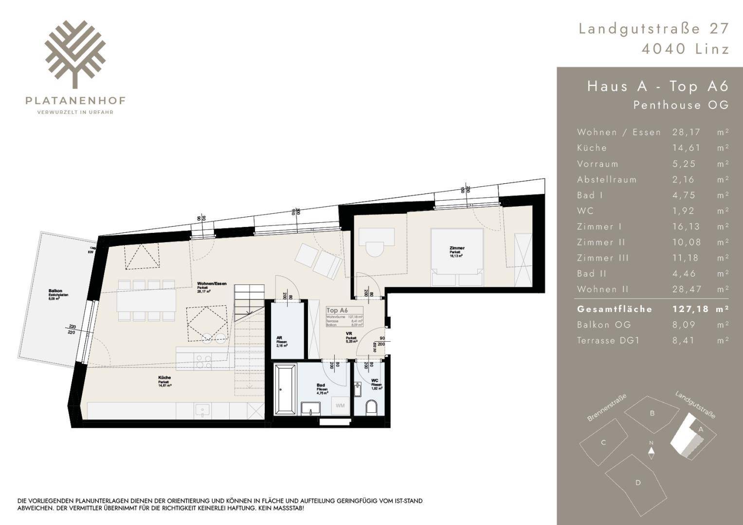 Grundriss des Obergeschosses des Penthouses A6 mit offenem Wohn-Essbereich und Balkon.