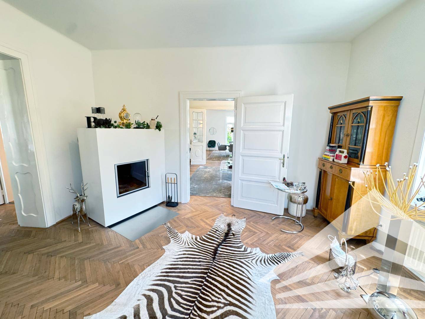 Helles Wohnzimmer mit modernem Kamin, Parkettboden und Zebra-Teppich.