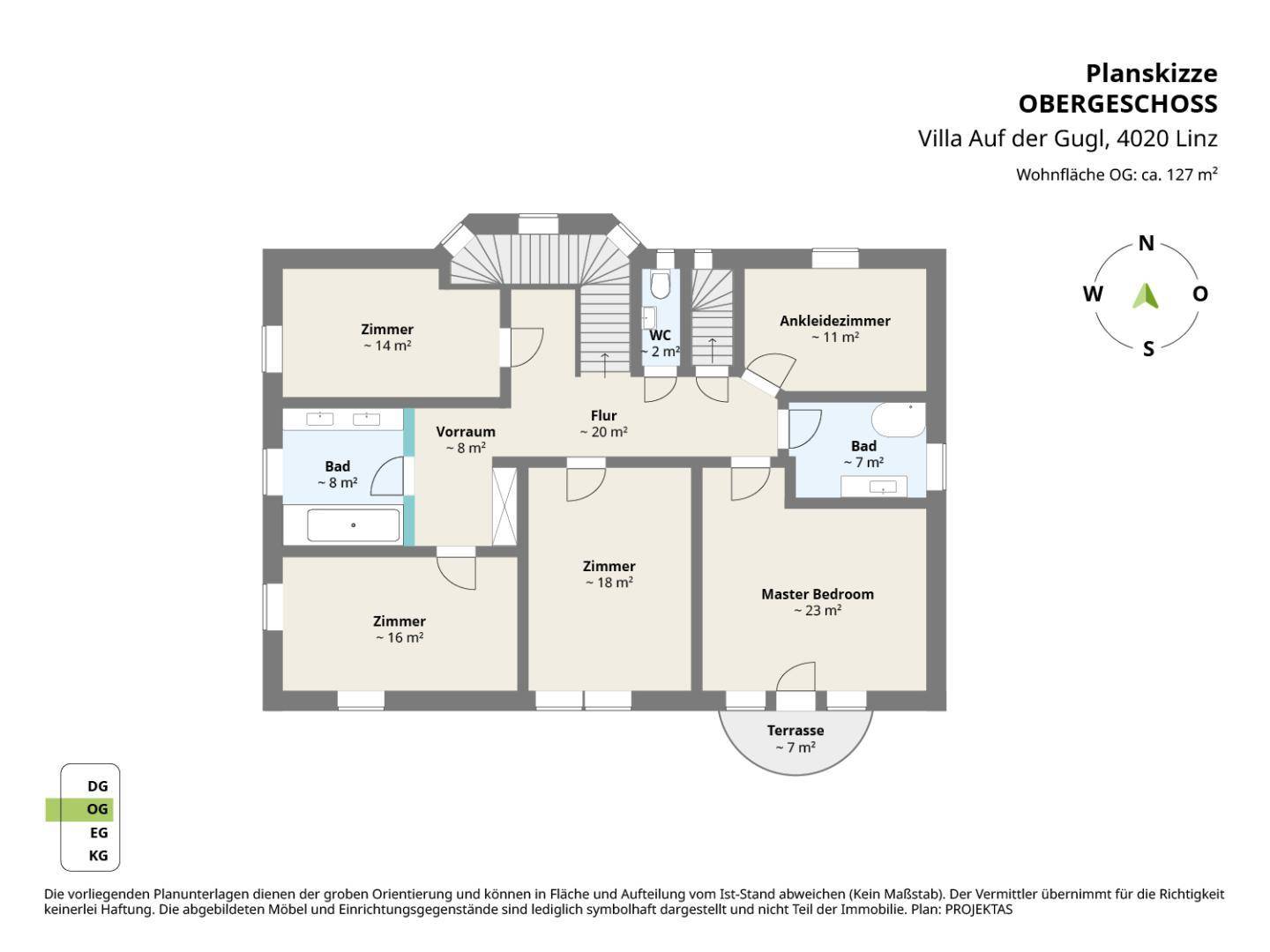 Grundriss des Obergeschosses mit Schlafzimmern, Ankleidezimmer und zwei Bädern.