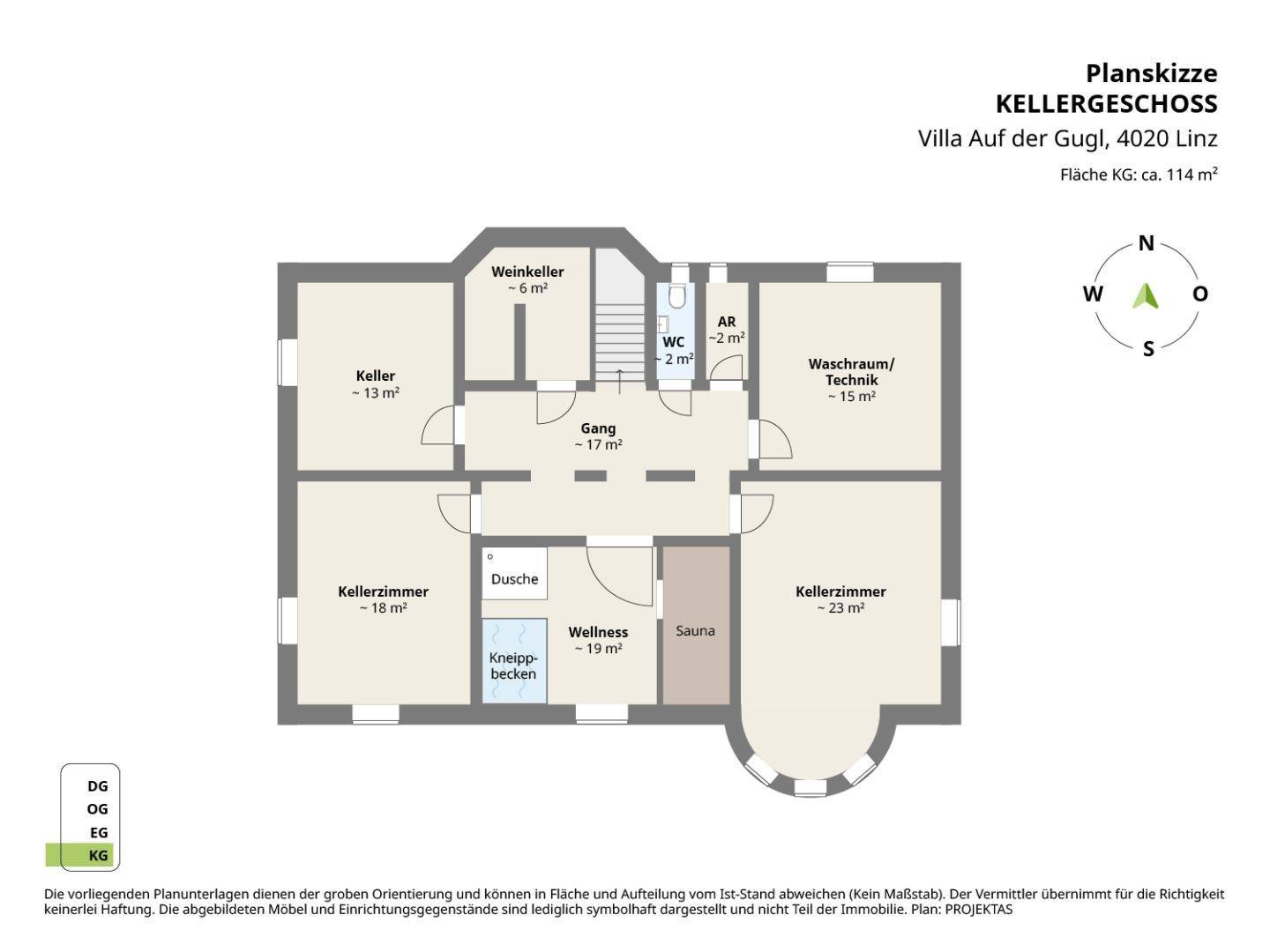 Grundriss des Kellergeschosses mit Weinkeller, Sauna und Wellnessbereich.