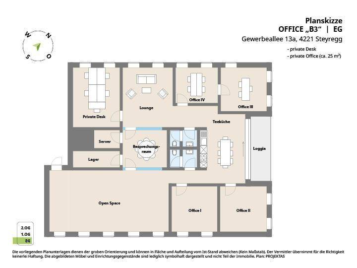 Detaillierter Grundriss eines Bürokomplexes mit verschiedenen Arbeitsbereichen, Teeküche und Loggia.