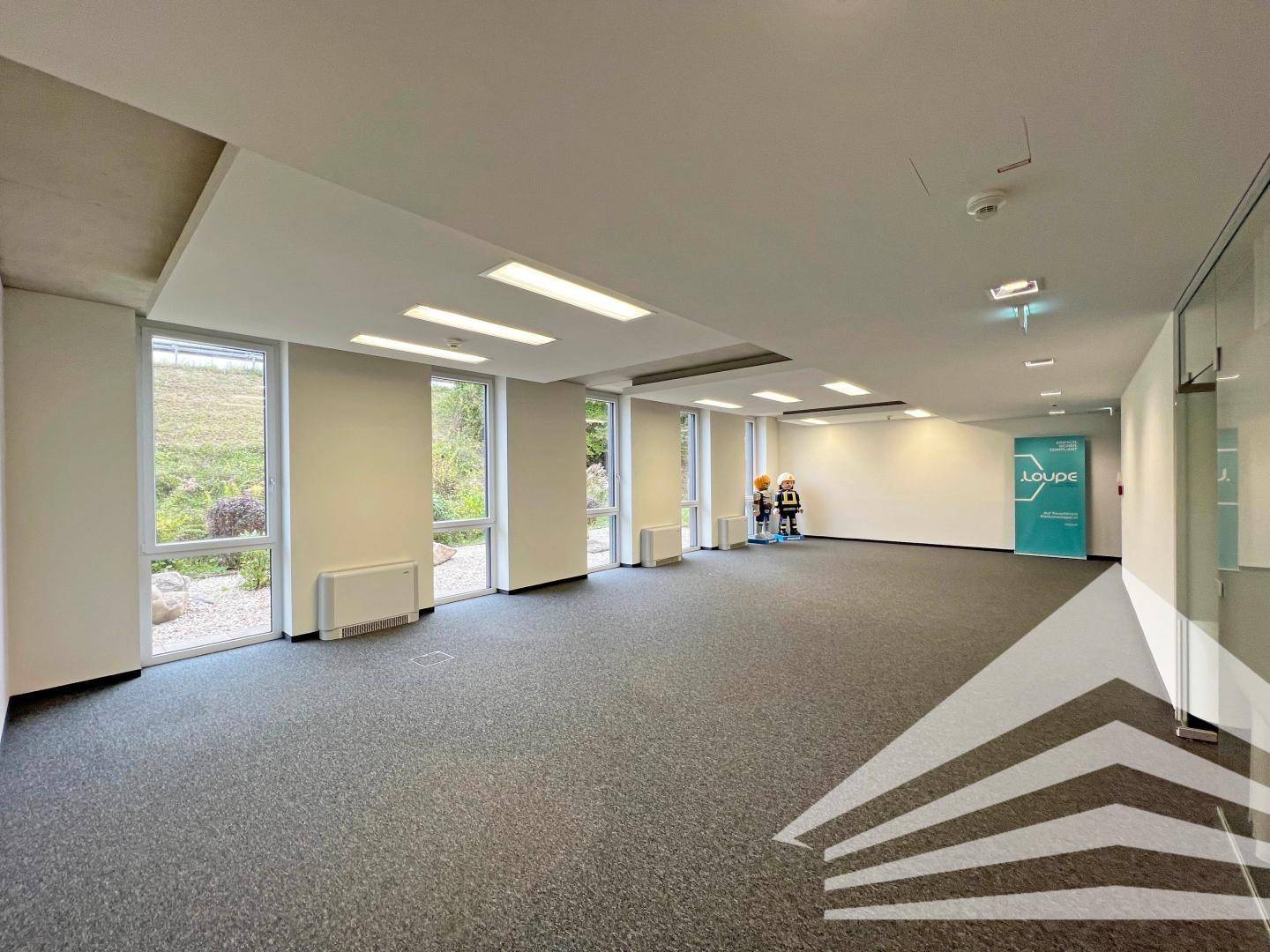 Großer, leerer Großraumbüro-Bereich mit vielen Fenstern und Blick ins Grüne, ideal für flexible Arbeitsplatzgestaltung.