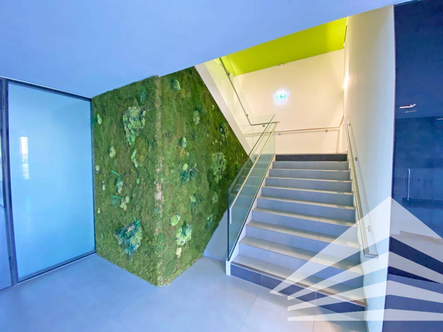 Modernes Treppenhaus mit Glasgeländer und einer auffälligen Mooswand als dekoratives und naturnahes Gestaltungselement.