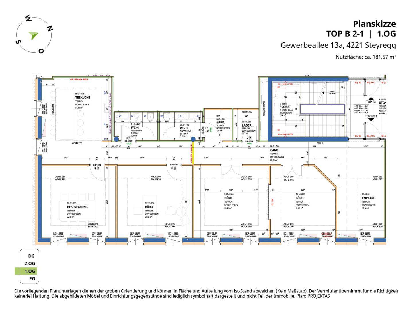 Grundriss des ersten Obergeschosses mit Teeküche, Büros, Empfangsbereich und Treppenhaus, bietet flexible Raumaufteilung.