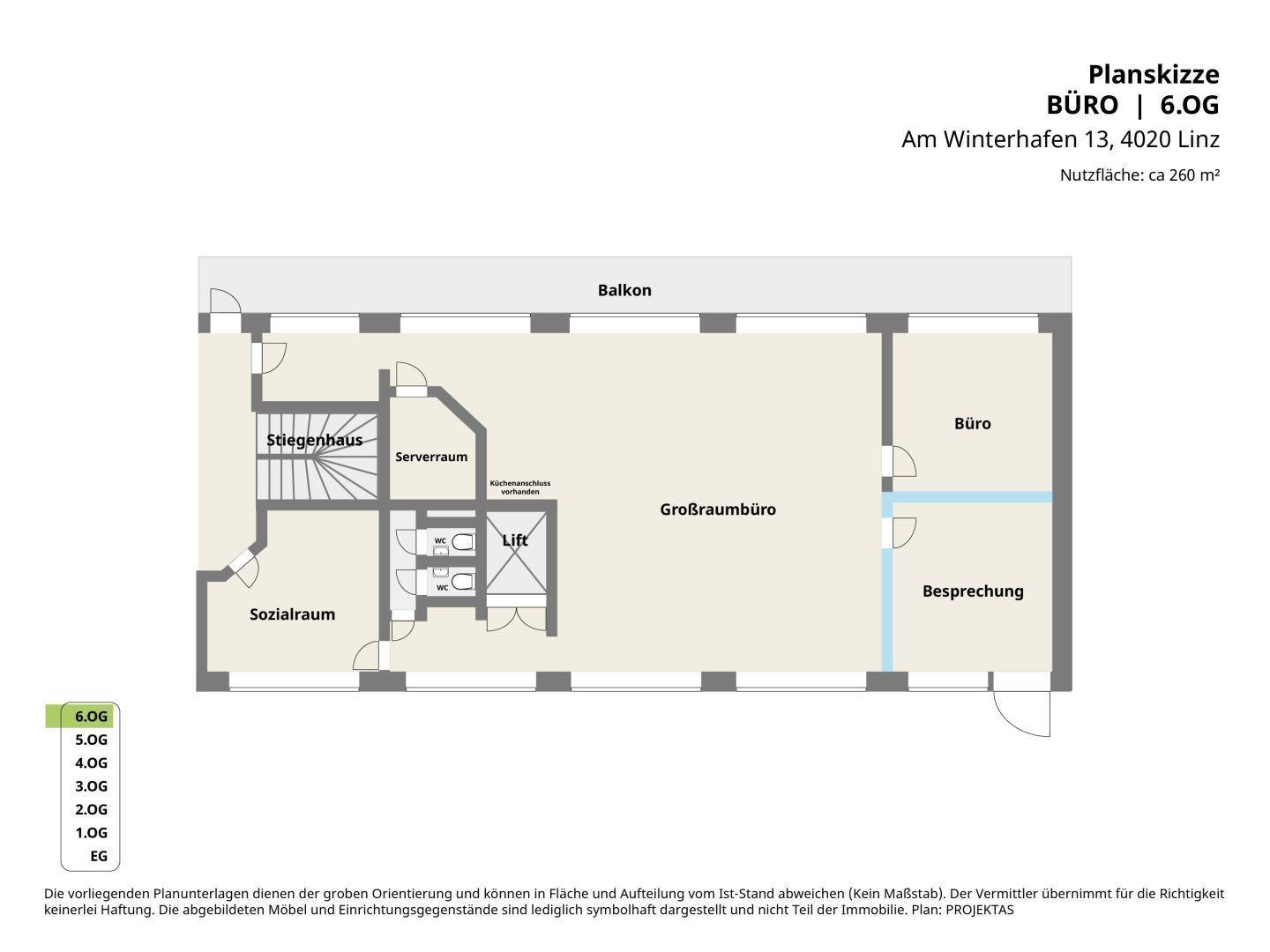 Detaillierter Grundriss des 6. Obergeschosses mit Großraumbüro, Besprechungsraum und Balkon.