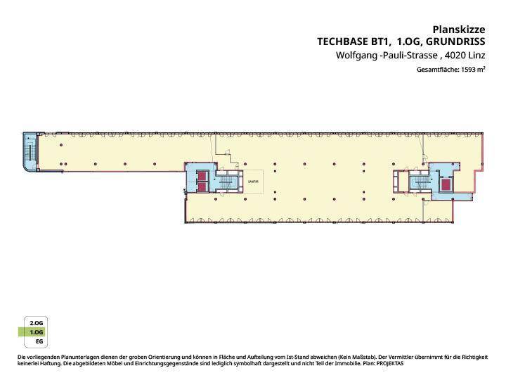 Grundriss des ersten Obergeschosses von Techbase BT1 mit einer Gesamtfläche von 1593 m².