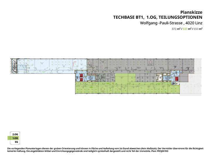 Grundriss des ersten Obergeschosses von Techbase BT1 mit verschiedenen Teilungsoptionen für Büroflächen.